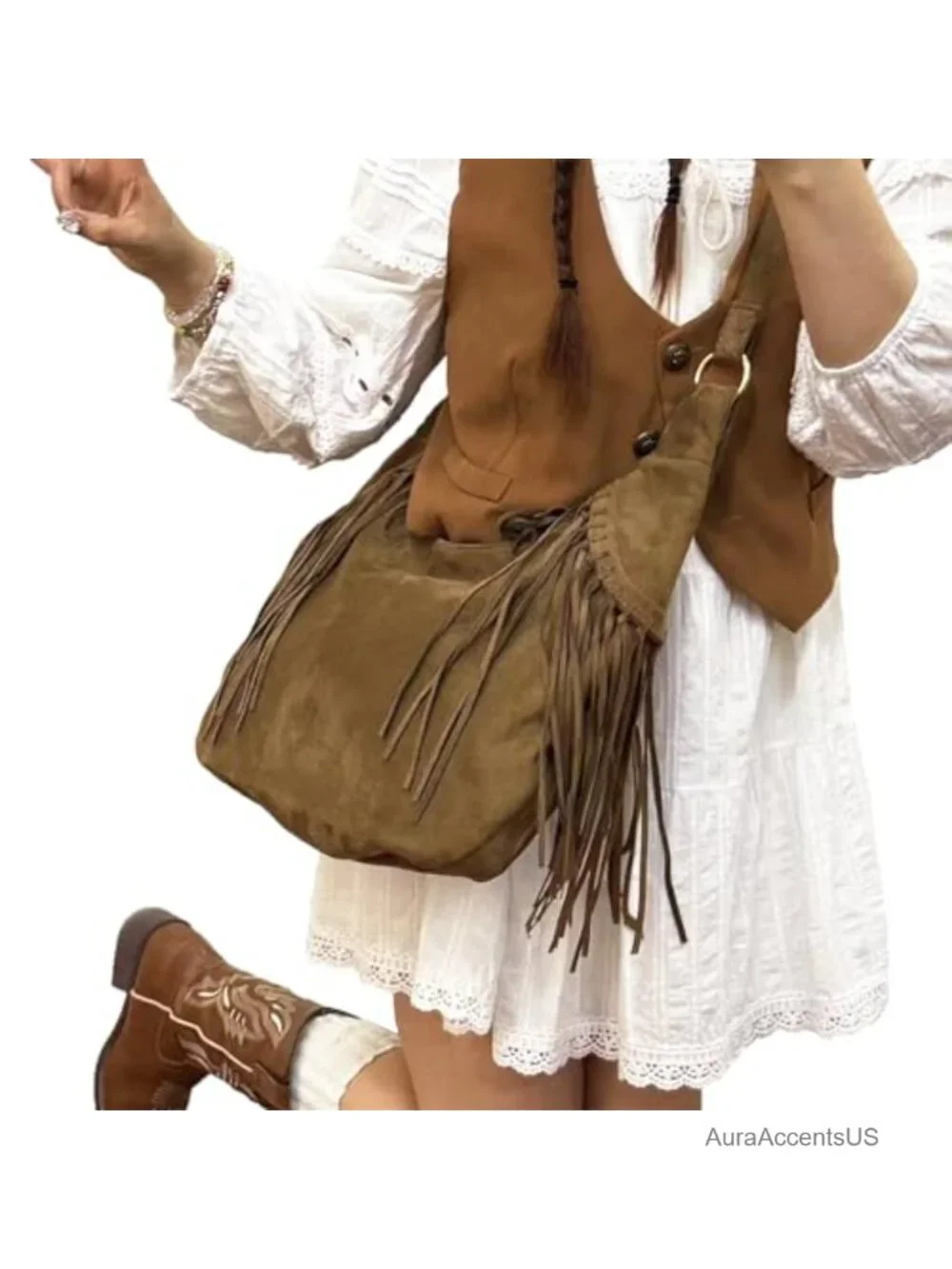 Faux Suede Crescent Hobo Bag with Tassels Adjustable Strap